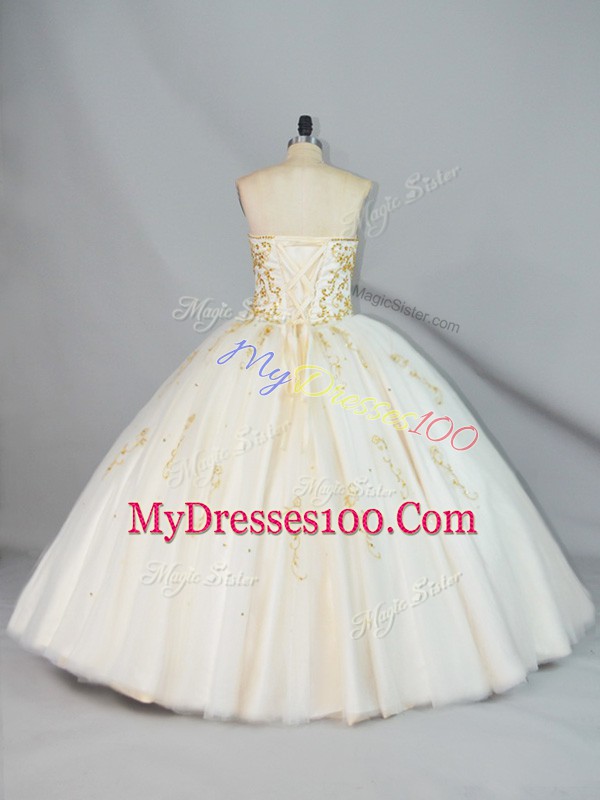 Champagne Tulle Lace Up Halter Top Sleeveless Floor Length Sweet 16 Dresses Beading
