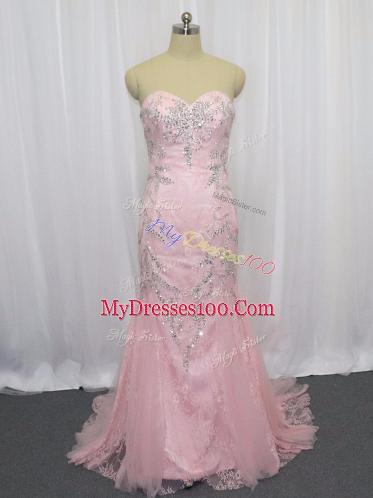 Elegant Sweetheart Sleeveless Homecoming Dress Brush Train Beading Pink Tulle