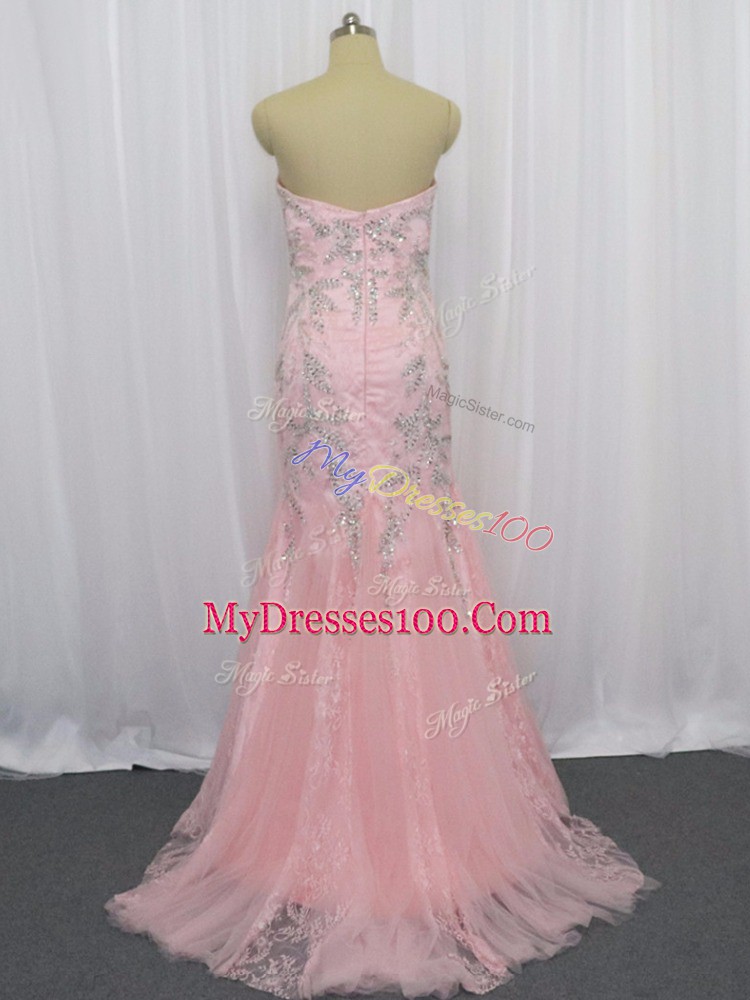 Elegant Sweetheart Sleeveless Homecoming Dress Brush Train Beading Pink Tulle