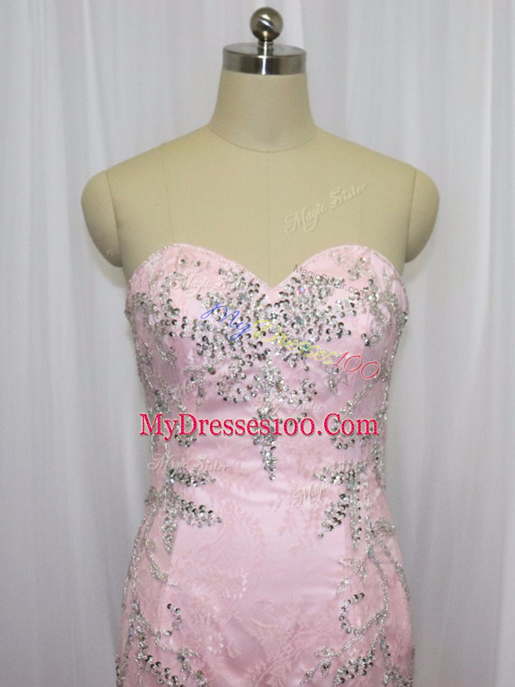 Elegant Sweetheart Sleeveless Homecoming Dress Brush Train Beading Pink Tulle
