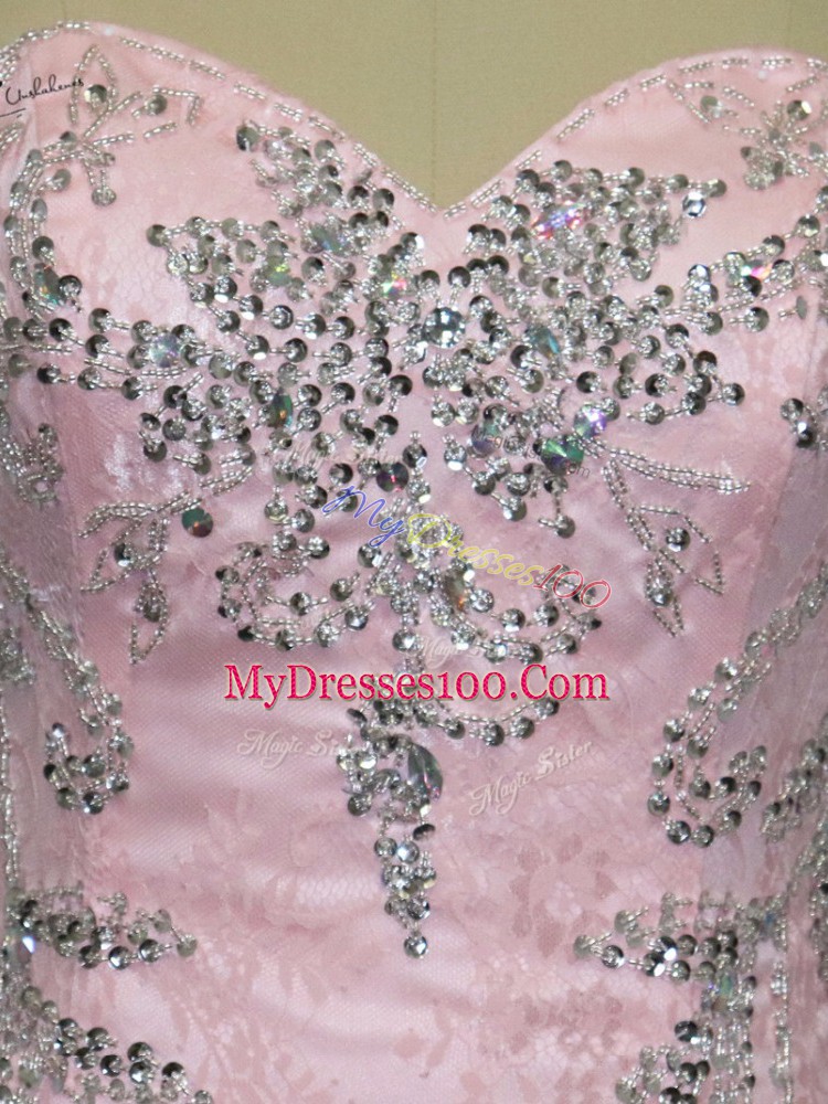 Elegant Sweetheart Sleeveless Homecoming Dress Brush Train Beading Pink Tulle