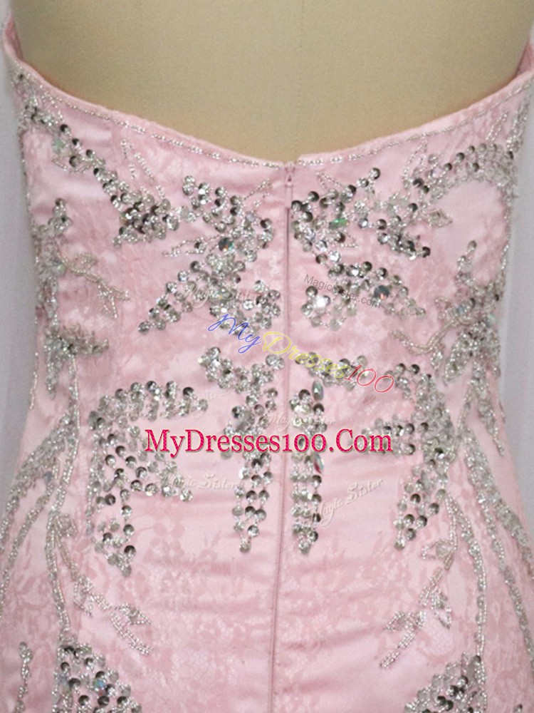 Elegant Sweetheart Sleeveless Homecoming Dress Brush Train Beading Pink Tulle