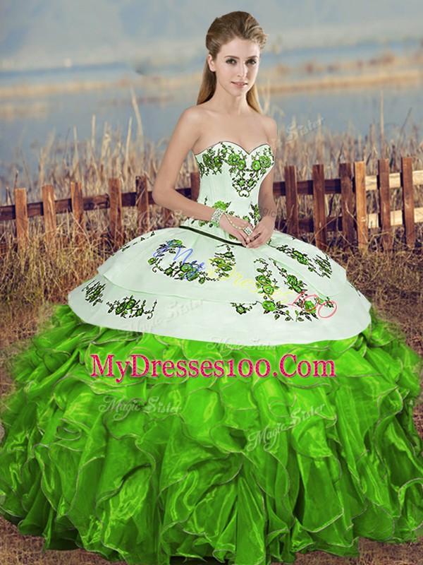 Organza Sweetheart Sleeveless Lace Up Embroidery and Ruffles and Bowknot Quinceanera Dresses in Green