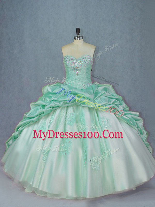 Beading and Pick Ups Sweet 16 Dresses Apple Green Lace Up Sleeveless Brush Train