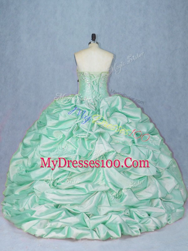 Beading and Pick Ups Sweet 16 Dresses Apple Green Lace Up Sleeveless Brush Train