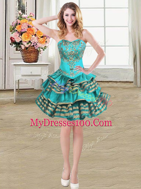Embroidery and Ruffled Layers Prom Evening Gown Teal Lace Up Sleeveless Mini Length