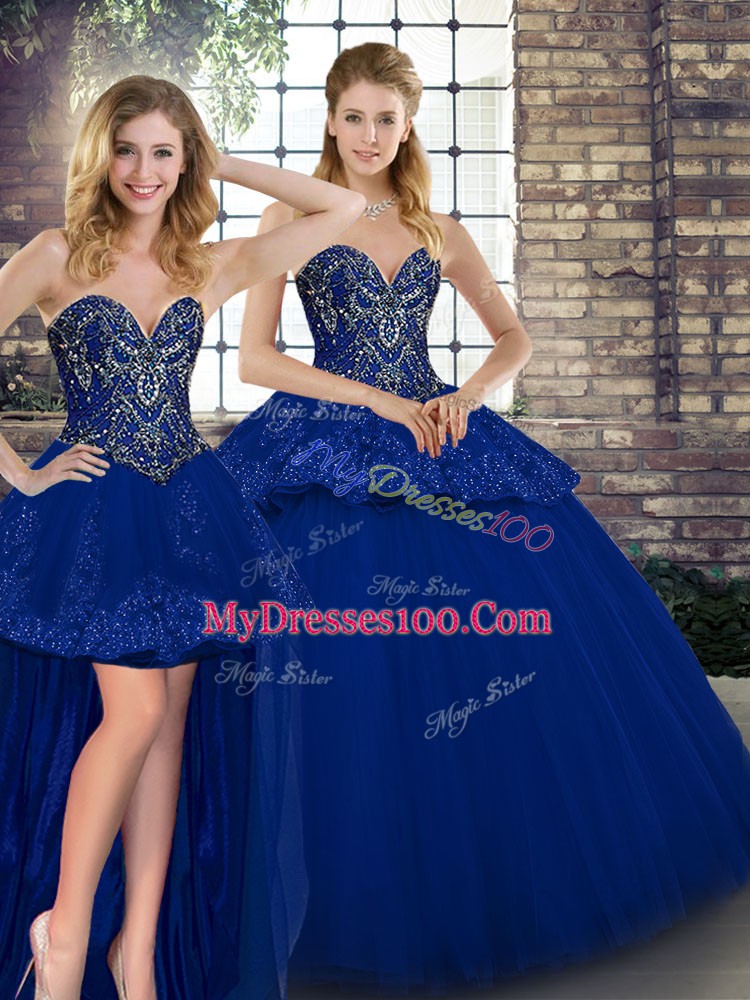 Fitting Royal Blue Three Pieces Sweetheart Sleeveless Tulle Floor Length Lace Up Beading and Appliques Quinceanera Gowns