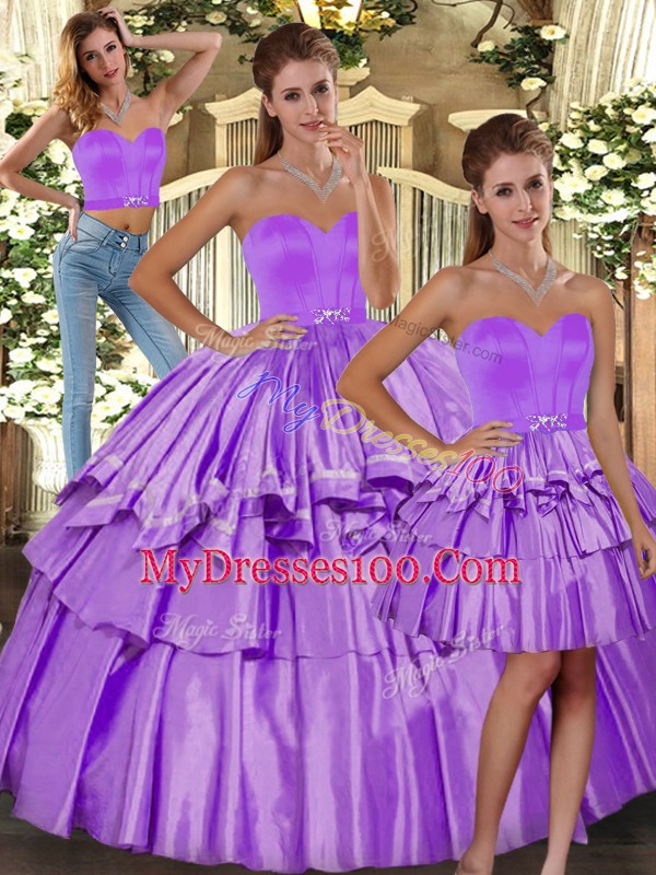 Floor Length Three Pieces Sleeveless Lilac Ball Gown Prom Dress Backless