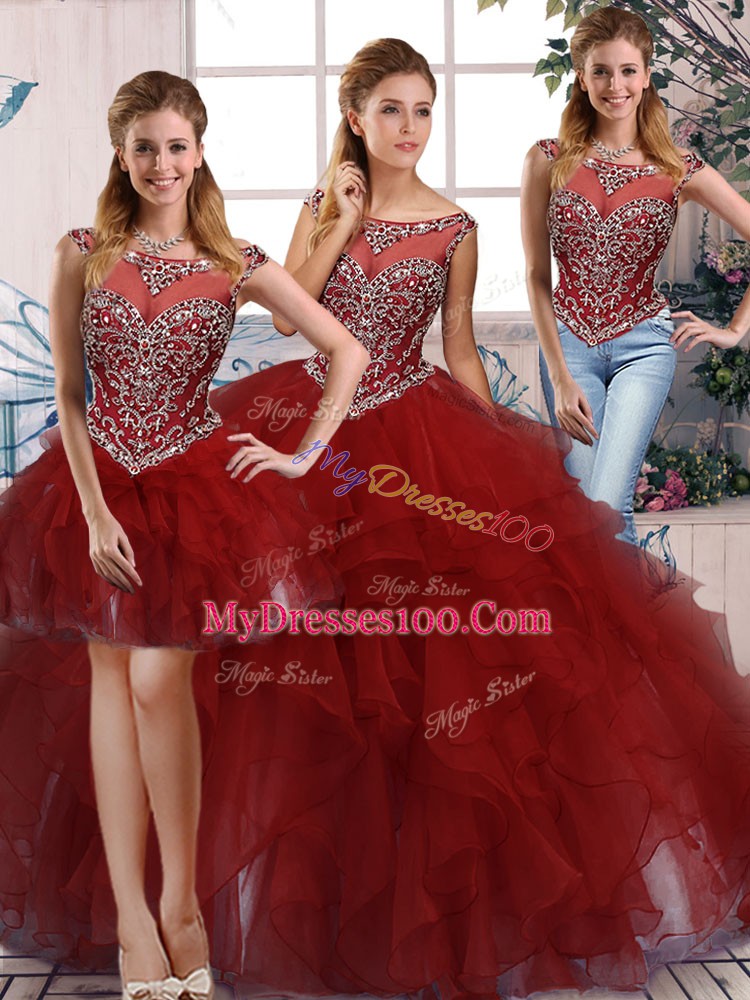 Decent Organza Scoop Sleeveless Zipper Beading and Ruffles 15th Birthday Dress in Burgundy