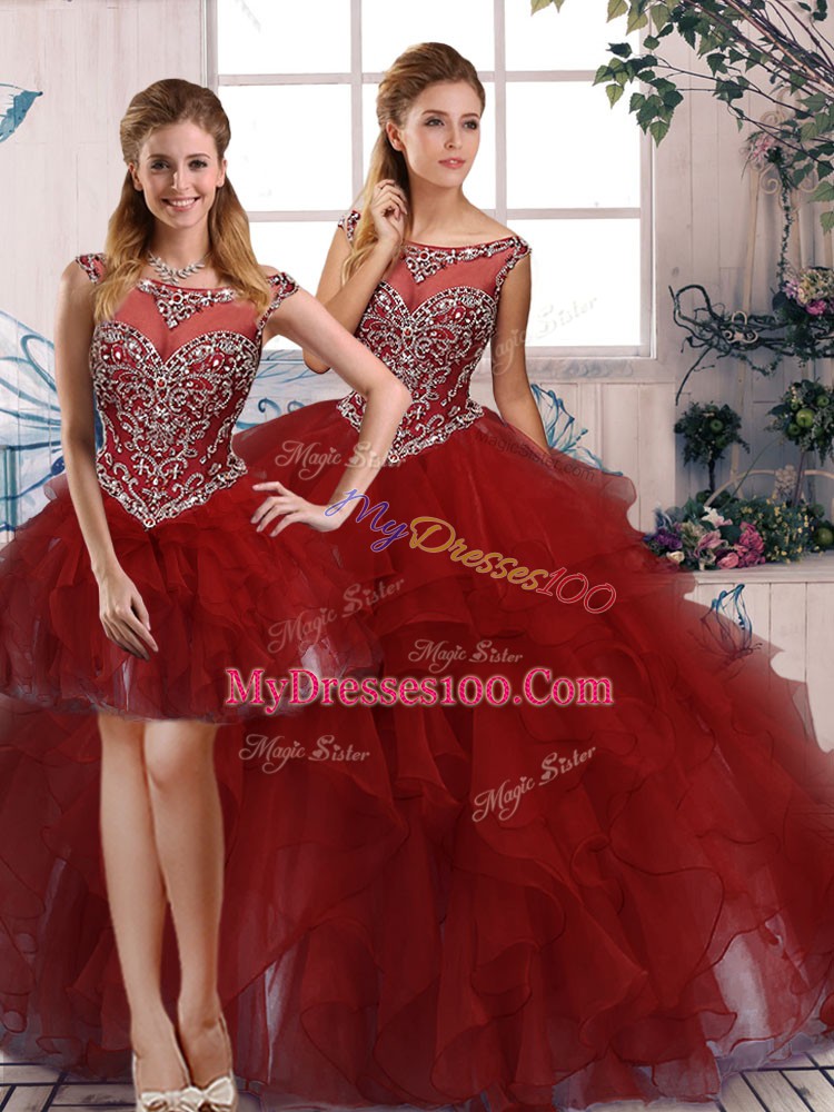 Decent Organza Scoop Sleeveless Zipper Beading and Ruffles 15th Birthday Dress in Burgundy