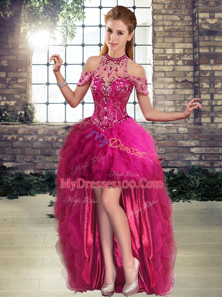 Free and Easy Fuchsia Tulle Lace Up Prom Dresses Sleeveless High Low Beading and Ruffles