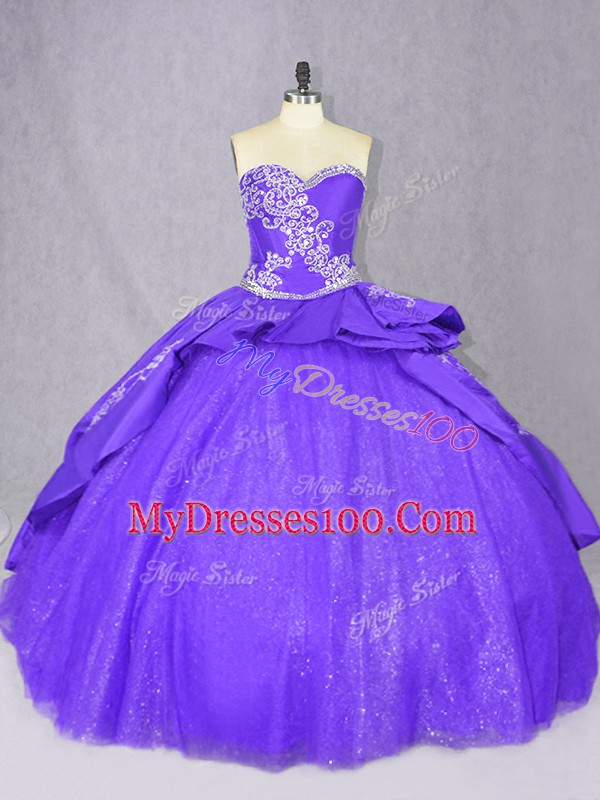 Sweetheart Sleeveless Sweet 16 Dresses Court Train Embroidery Purple Tulle