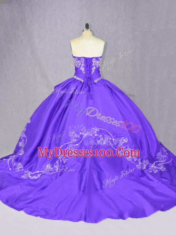 Sweetheart Sleeveless Sweet 16 Dresses Court Train Embroidery Purple Tulle