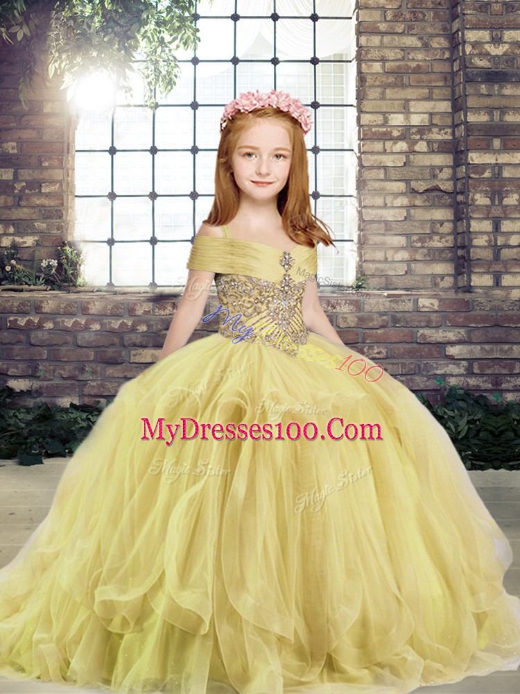 Customized Off The Shoulder Sleeveless Little Girls Pageant Dress Floor Length Beading Yellow Tulle