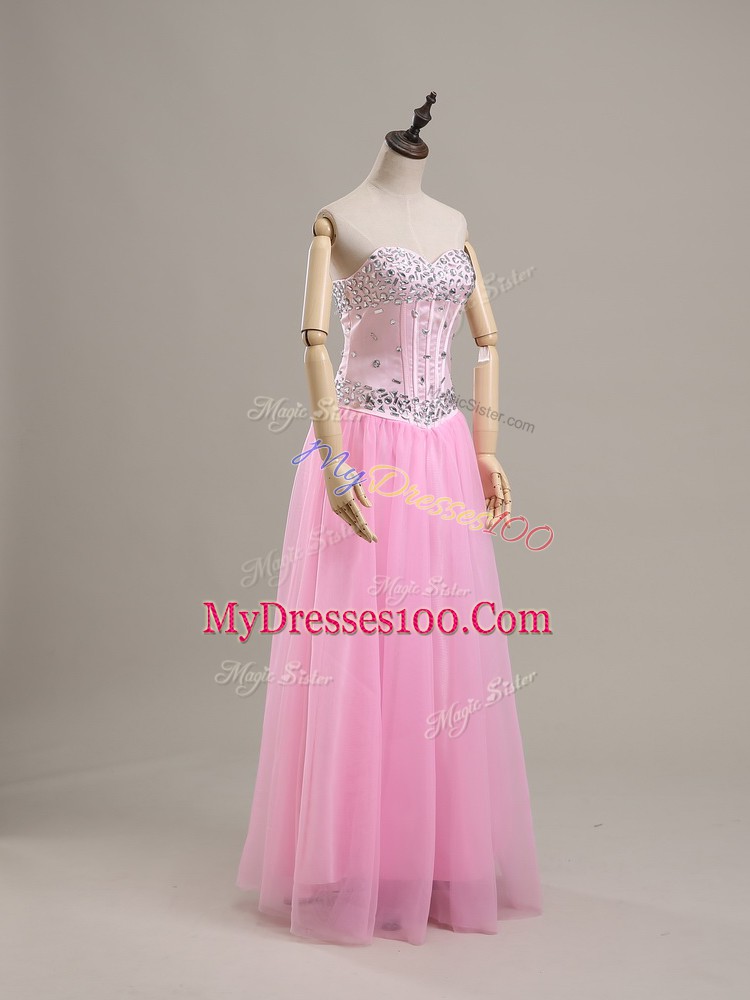 Sophisticated Pink Column/Sheath Sweetheart Sleeveless Tulle Lace Up Beading Prom Evening Gown
