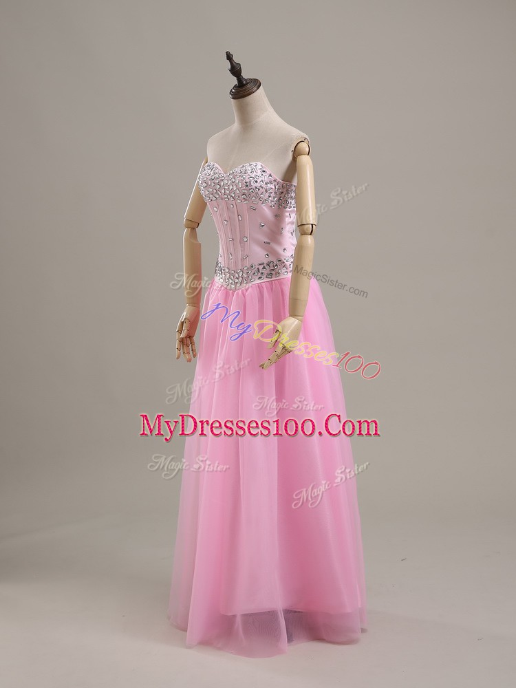 Sophisticated Pink Column/Sheath Sweetheart Sleeveless Tulle Lace Up Beading Prom Evening Gown