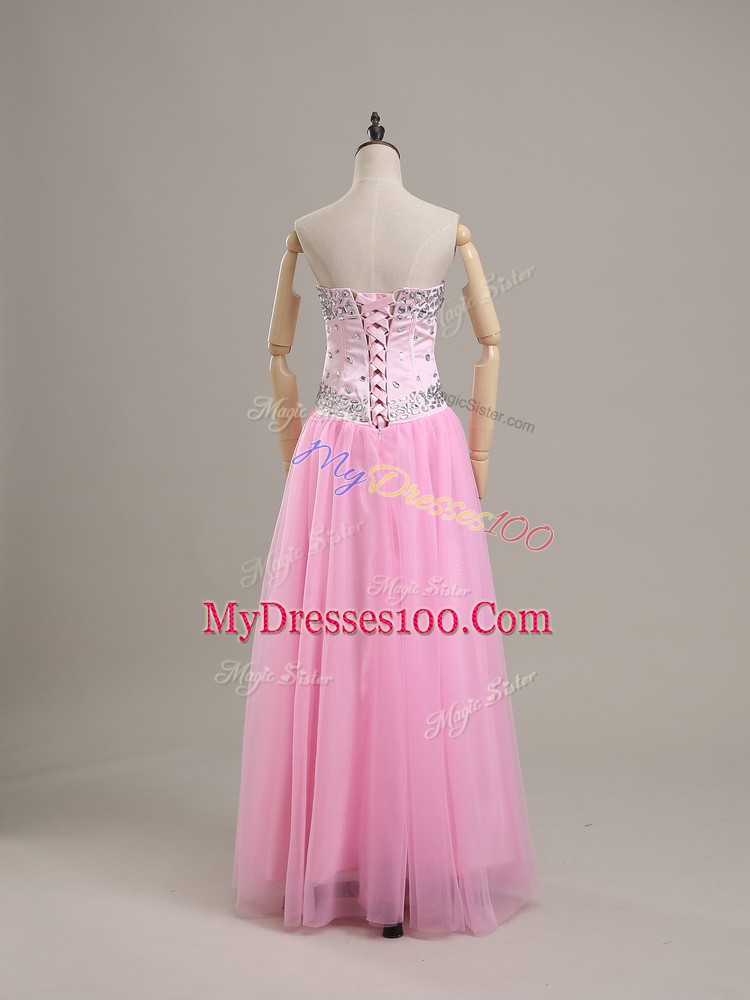 Sophisticated Pink Column/Sheath Sweetheart Sleeveless Tulle Lace Up Beading Prom Evening Gown