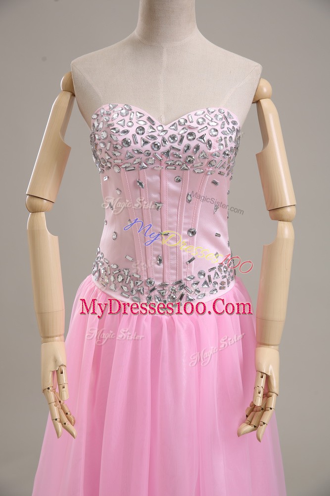 Sophisticated Pink Column/Sheath Sweetheart Sleeveless Tulle Lace Up Beading Prom Evening Gown