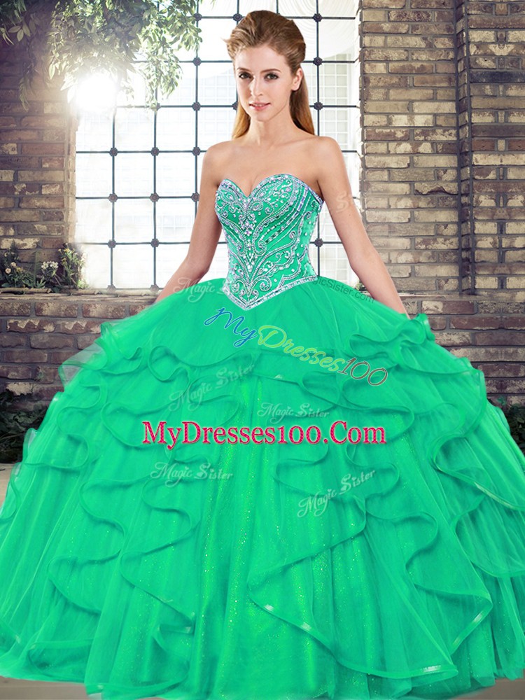 Fashion Turquoise Sleeveless Tulle Lace Up Quinceanera Dresses for Military Ball and Sweet 16 and Quinceanera