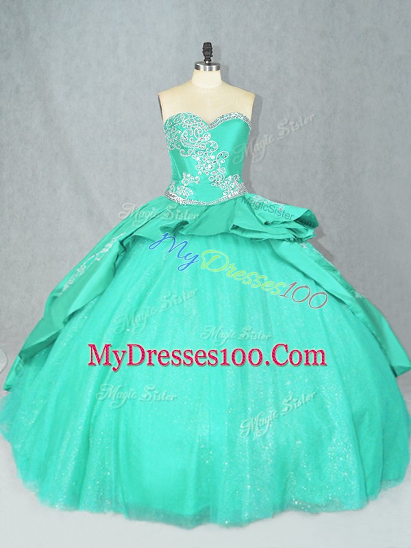 Deluxe Turquoise Ball Gowns Satin Sweetheart Sleeveless Embroidery Lace Up Quinceanera Dress Court Train