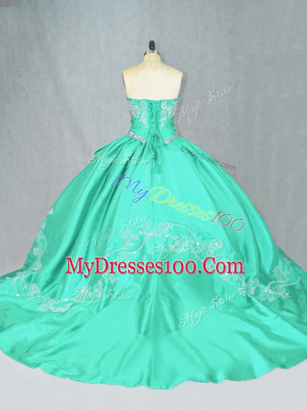 Deluxe Turquoise Ball Gowns Satin Sweetheart Sleeveless Embroidery Lace Up Quinceanera Dress Court Train