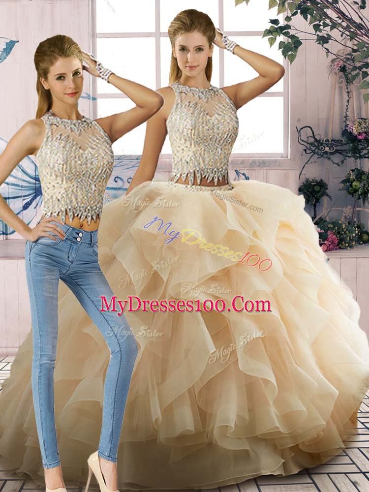 New Arrival Floor Length Champagne 15th Birthday Dress Tulle Sleeveless Beading and Ruffles