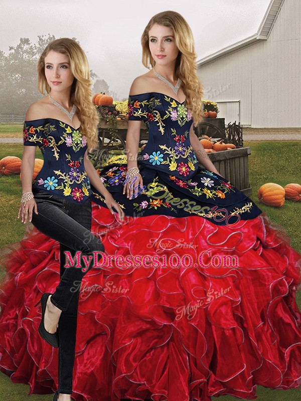 Glittering Two Pieces Quinceanera Gown Red And Black Off The Shoulder Organza Sleeveless Floor Length Lace Up