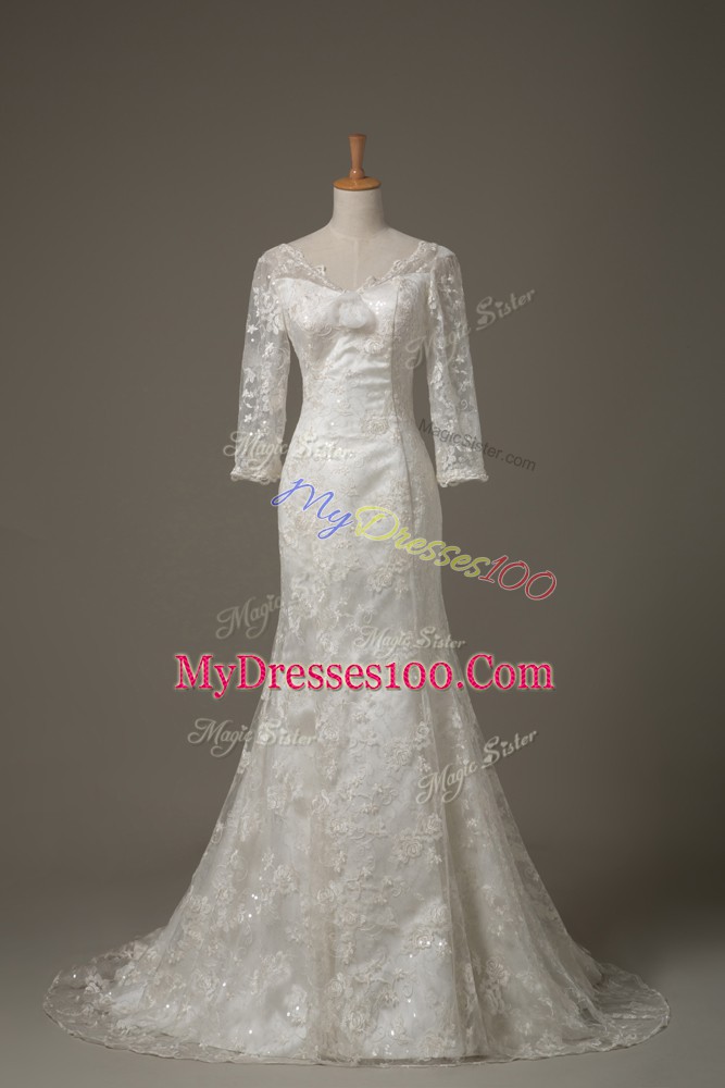 White Lace Up V-neck Lace and Hand Made Flower Wedding Dress Lace 3 4 Length Sleeve Brush Train