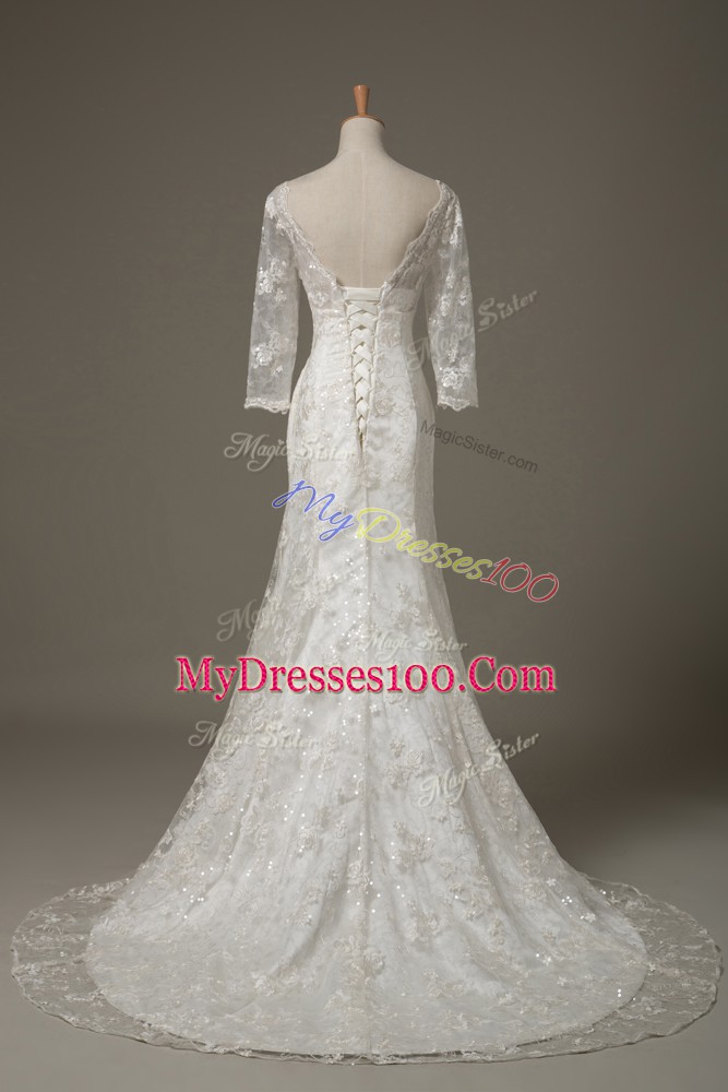 White Lace Up V-neck Lace and Hand Made Flower Wedding Dress Lace 3 4 Length Sleeve Brush Train