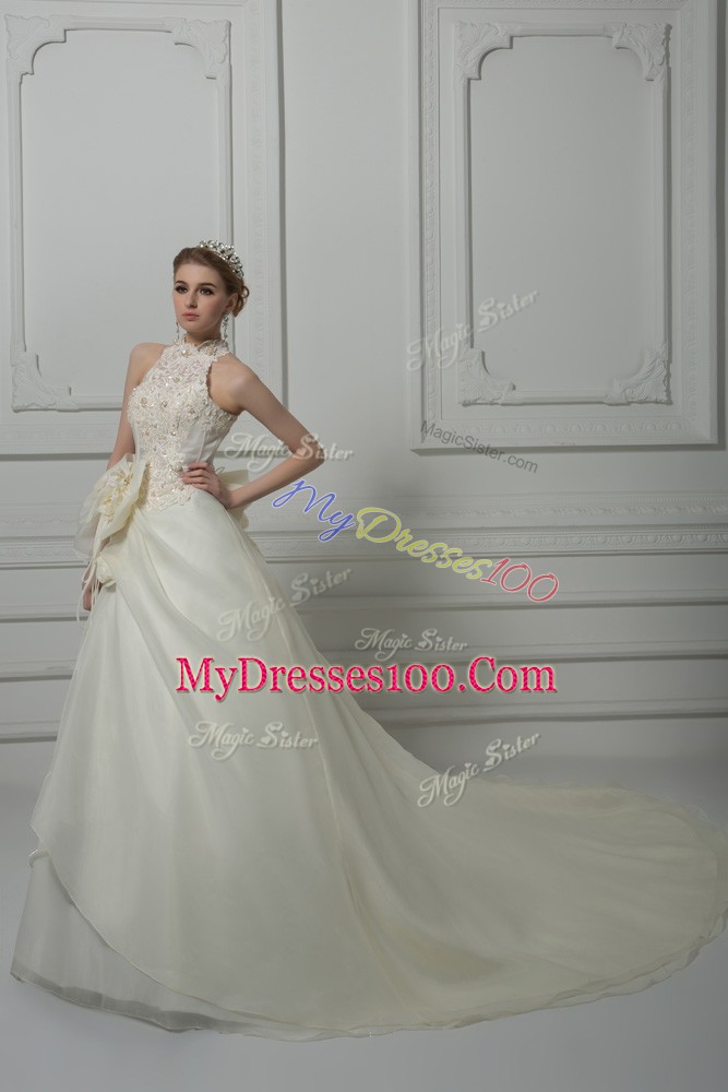 White Wedding Dresses Wedding Party with Beading and Lace and Hand Made Flower High-neck Sleeveless Court Train Zipper