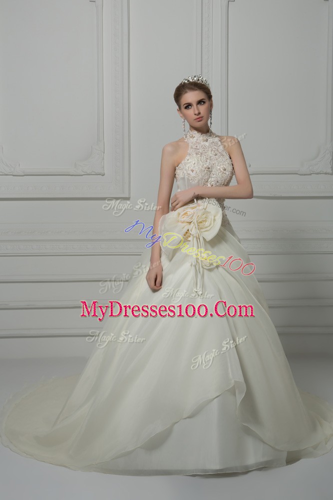 White Wedding Dresses Wedding Party with Beading and Lace and Hand Made Flower High-neck Sleeveless Court Train Zipper