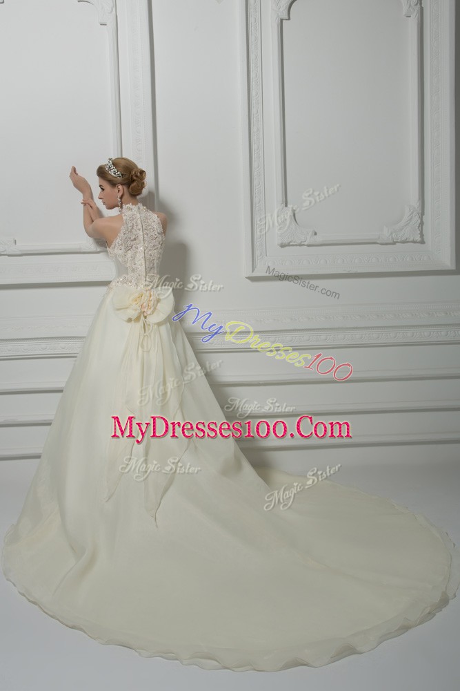 White Wedding Dresses Wedding Party with Beading and Lace and Hand Made Flower High-neck Sleeveless Court Train Zipper