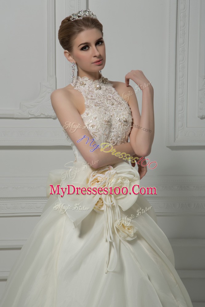 White Wedding Dresses Wedding Party with Beading and Lace and Hand Made Flower High-neck Sleeveless Court Train Zipper