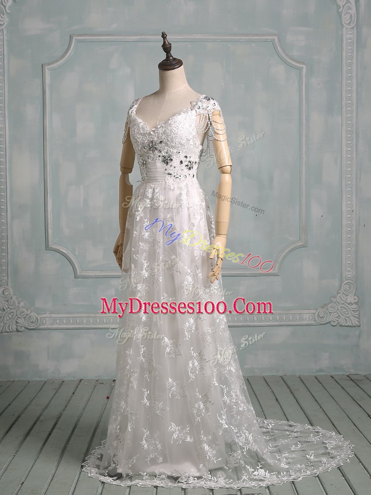Glittering V-neck Cap Sleeves Wedding Dress Brush Train Beading and Lace White Lace