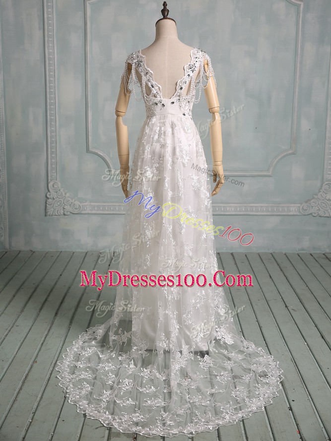 Glittering V-neck Cap Sleeves Wedding Dress Brush Train Beading and Lace White Lace