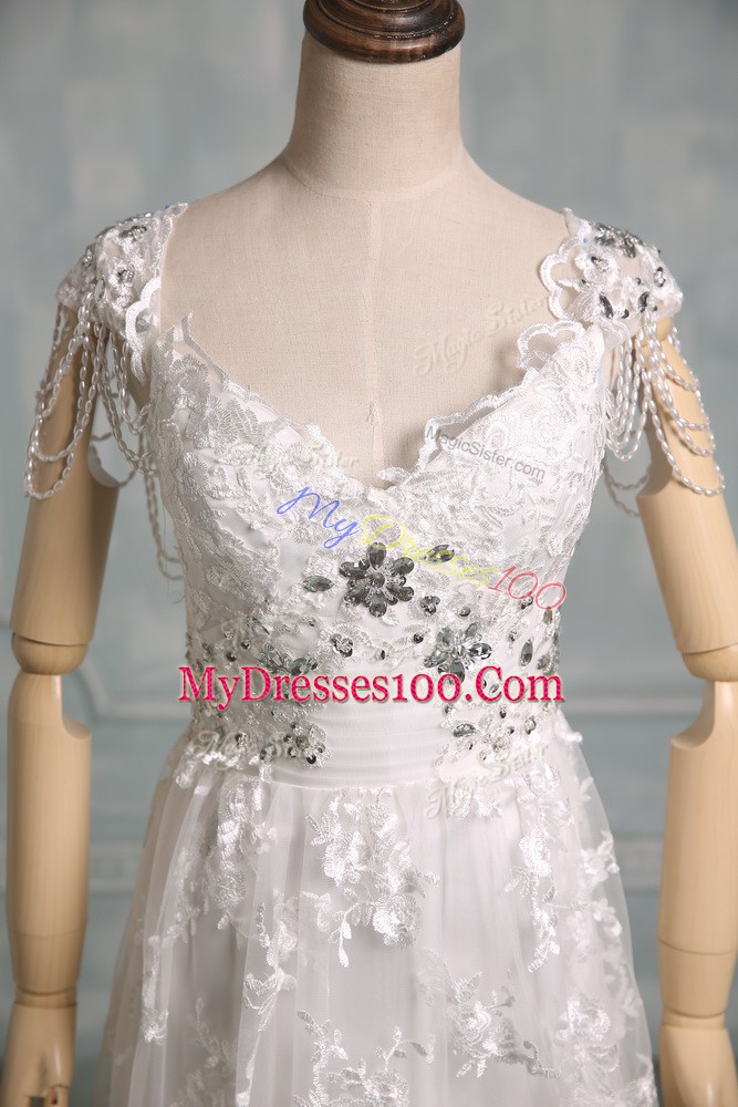 Glittering V-neck Cap Sleeves Wedding Dress Brush Train Beading and Lace White Lace