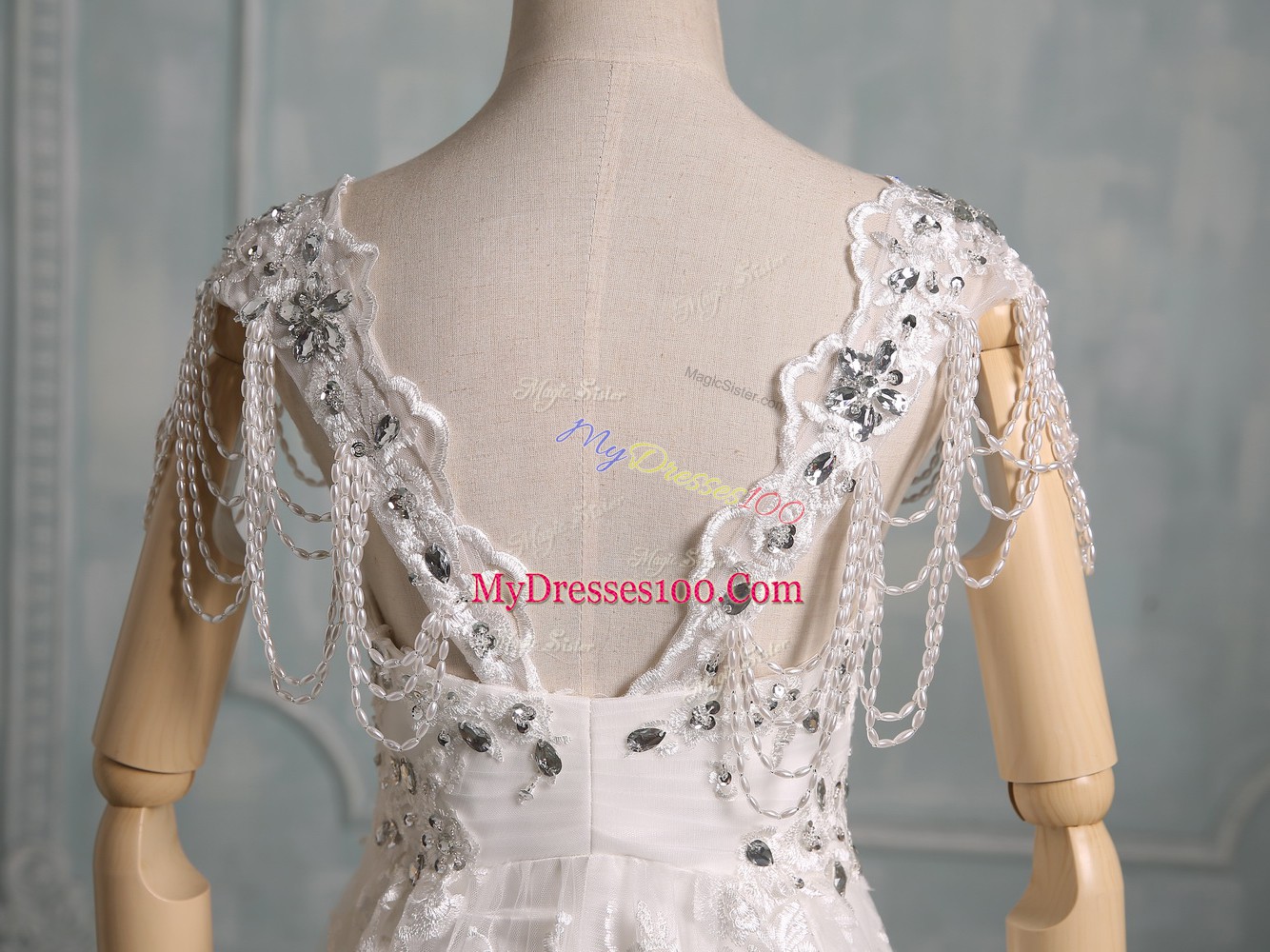 Glittering V-neck Cap Sleeves Wedding Dress Brush Train Beading and Lace White Lace