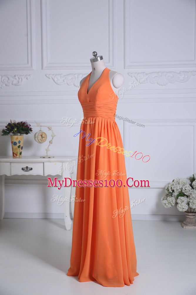 Shining Floor Length Orange Bridesmaid Gown Chiffon Sleeveless Ruching