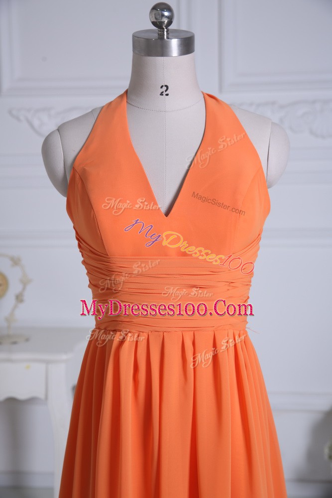 Shining Floor Length Orange Bridesmaid Gown Chiffon Sleeveless Ruching