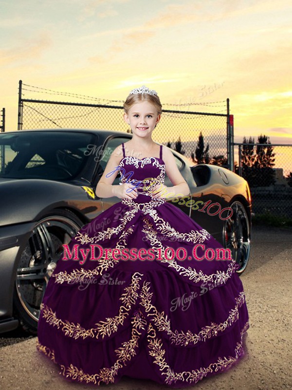 Purple Ball Gowns Embroidery Kids Formal Wear Lace Up Satin Sleeveless Floor Length
