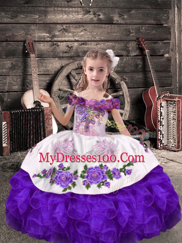 Great Sleeveless Organza Floor Length Lace Up Custom Made Pageant Dress in Purple with Beading and Embroidery and Ruffles