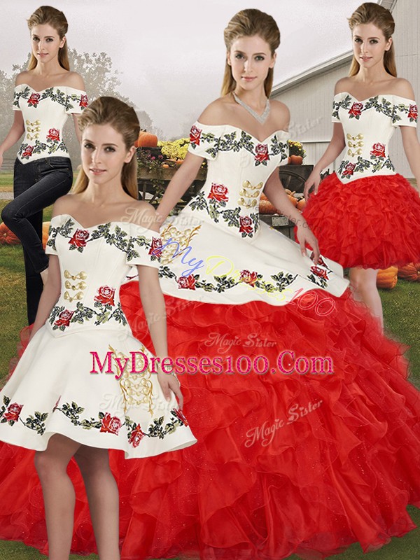 Customized Floor Length Ball Gowns Sleeveless White And Red Quince Ball Gowns Lace Up