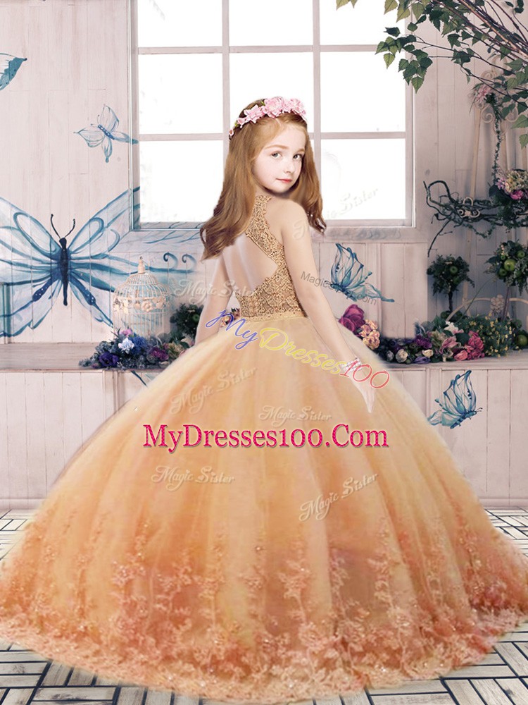 Scoop Sleeveless Backless Pageant Gowns Yellow Green Tulle