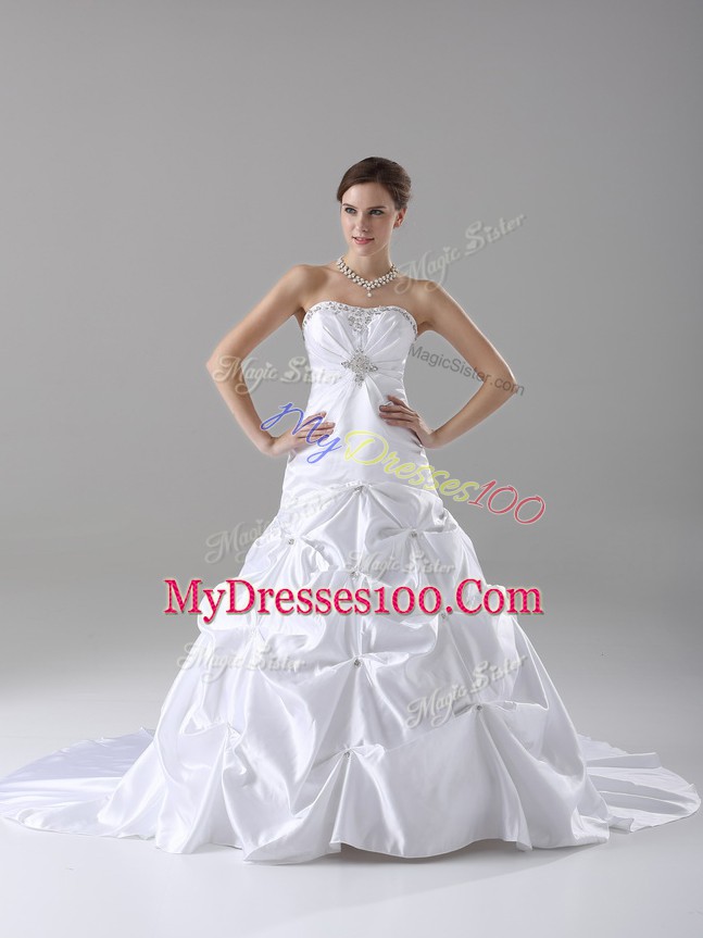 White A-line Strapless Sleeveless Taffeta Brush Train Lace Up Beading and Pick Ups Wedding Gown