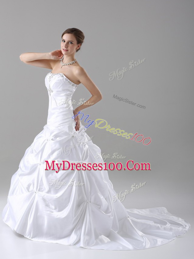 White A-line Strapless Sleeveless Taffeta Brush Train Lace Up Beading and Pick Ups Wedding Gown