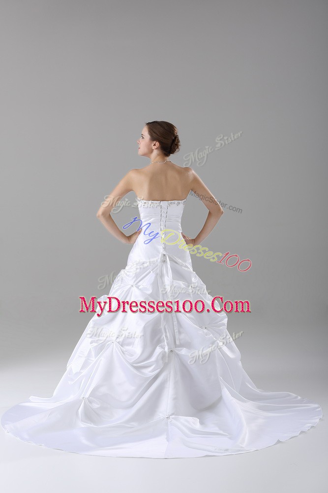 White A-line Strapless Sleeveless Taffeta Brush Train Lace Up Beading and Pick Ups Wedding Gown