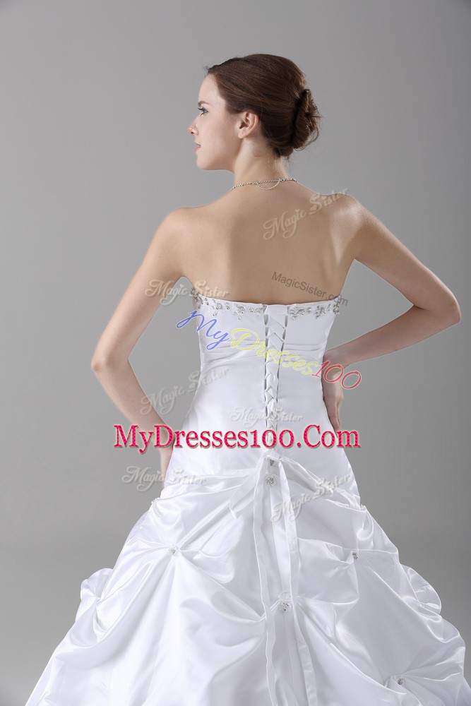 White A-line Strapless Sleeveless Taffeta Brush Train Lace Up Beading and Pick Ups Wedding Gown