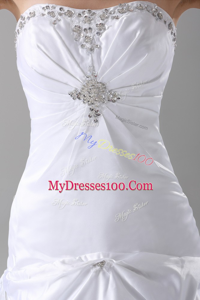 White A-line Strapless Sleeveless Taffeta Brush Train Lace Up Beading and Pick Ups Wedding Gown