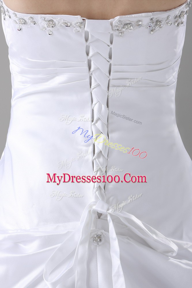 White A-line Strapless Sleeveless Taffeta Brush Train Lace Up Beading and Pick Ups Wedding Gown
