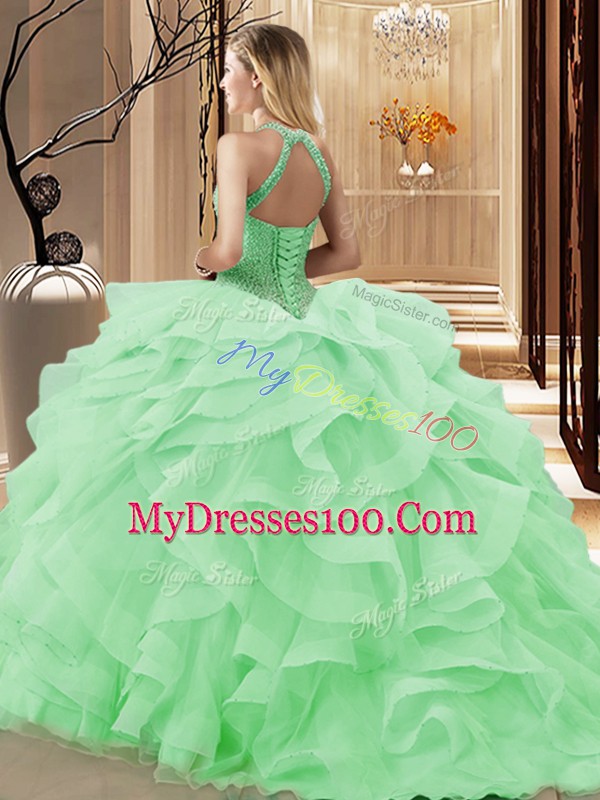 Apple Green Sleeveless Beading and Ruffles Lace Up Ball Gown Prom Dress
